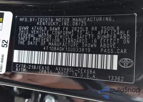 2025 Toyota Camry Se from USA, damaged, VIN 4T1DBADK1SU033819